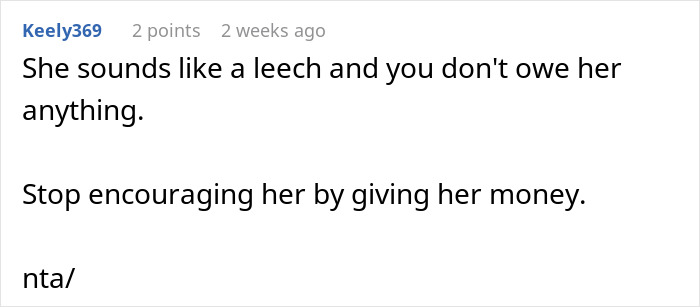 Comment discussing dad&rsquo;s ex-wife and son asking for rent help, advising against giving them money.