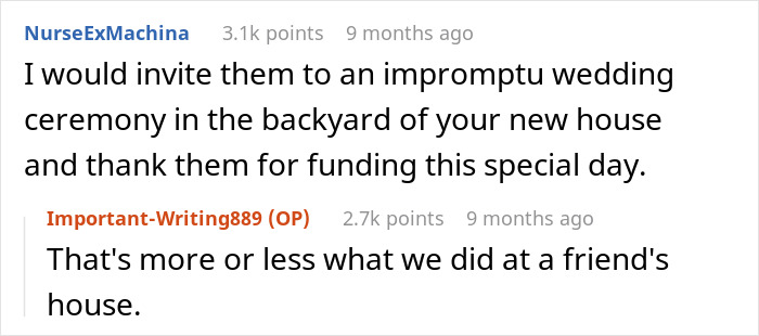 Reddit discussion on accepting parents' money for a wedding before eloping. Reddit discussion on accepting parents' money for a wedding before eloping.