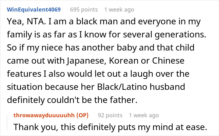 Reddit comment humorously discussing family resemblance and surprise at different features.