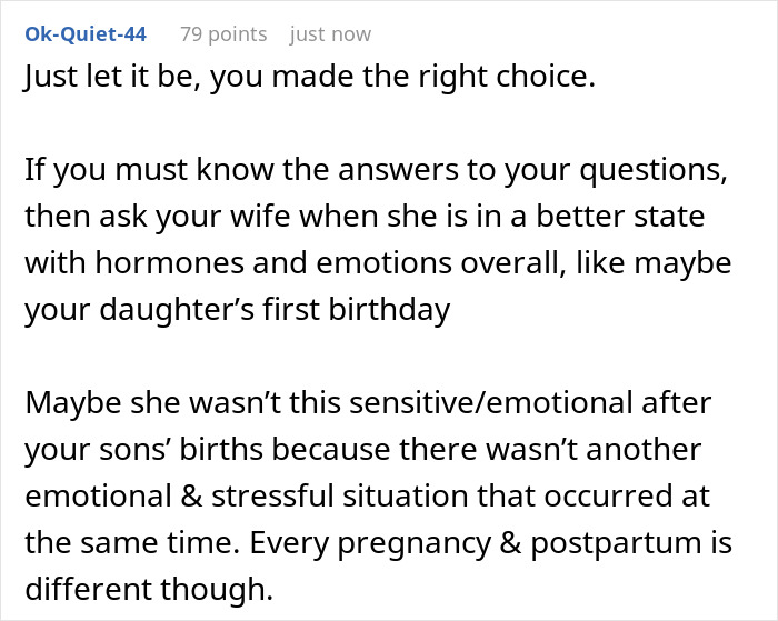 Reddit comment discussing wife's emotions postpartum after newborn's birth.