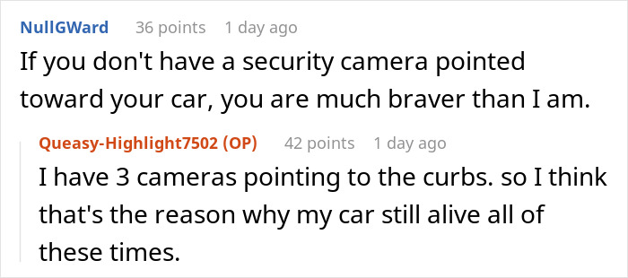 Online comments discussing security cameras in a neighborhood parking dispute.