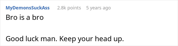 Reddit comment discussing how bro is a bro, with advice to keep head up, related to proving brother isn't gay anymore.