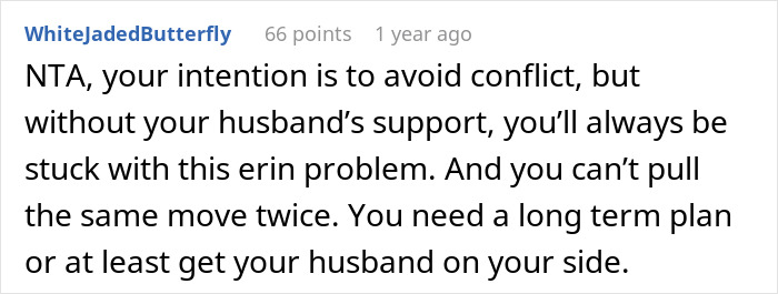 A user comment discussing avoiding conflict with husband's support in a family situation involving a vegan sister-in-law. A user comment discussing avoiding conflict with husband's support in a family situation involving a vegan sister-in-law.