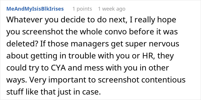 Text message thread discussing managers' nervousness and advice to screenshot important conversations.