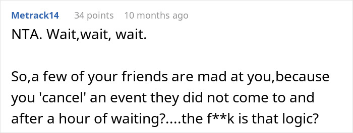 Comment discussing a woman's decision to cancel birthday dinner after being stood up by friends, questioning the backlash.