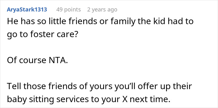 Comment discussing a situation involving an ex's affair child, mentioning the child going to foster care. Comment discussing a situation involving an ex's affair child, mentioning the child going to foster care.