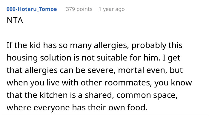 Text: Roommate discusses allergies and shared kitchen responsibilities.