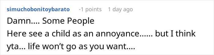 Reddit comment on child-free birthday dinner debate, suggesting kids aren't an annoyance.