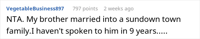 Comment about brother marrying into a sundown town family and not speaking for 9 years. Comment about brother marrying into a sundown town family and not speaking for 9 years.