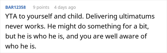 Reddit comment discussing the effectiveness of ultimatums for a job-hopper in a relationship.