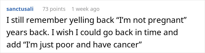 Text expressing a woman's response to a protestor about cancer and financial struggles.