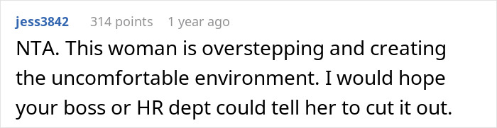 Comment highlighting a coworker overstepping boundaries, suggesting HR intervention to improve team spirit at work.