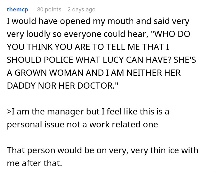 Text showing a heated exchange about buying coffee for a pregnant coworker, mentioning workplace dynamics.