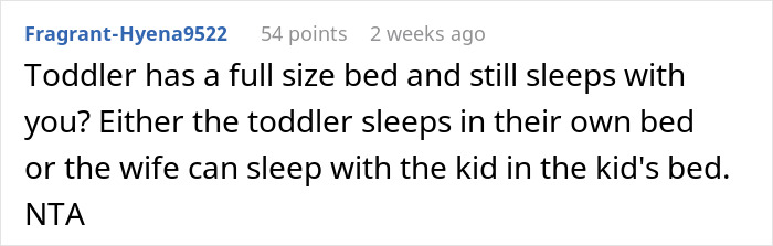 Forum comment discussing toddler's full-size bed and wife's sleeping arrangement options for more space.