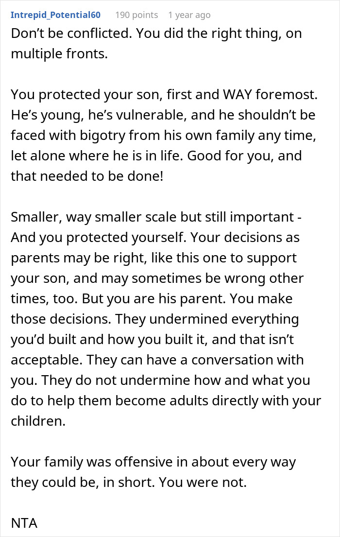 Text post supporting a parent who defended their gay son against family bigotry.