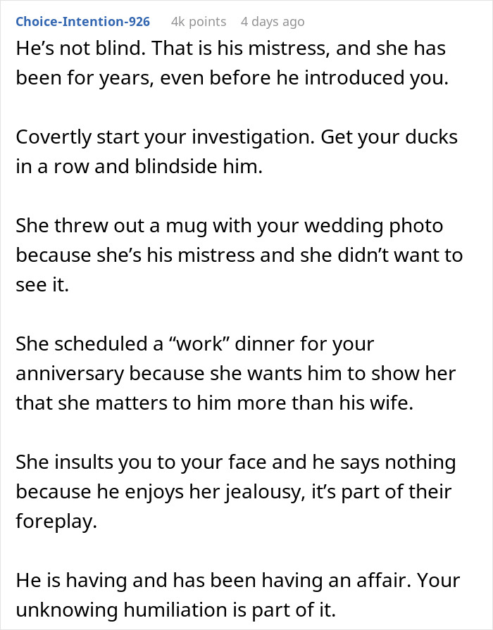 Text describing a "work wife" who intrudes into a man's life, affecting his real wife's feelings and relationship.