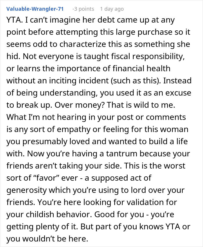 Text comment discussing a man refusing friends' wedding use of his backyard after not receiving a plus-one invitation. Text comment discussing a man refusing friends' wedding use of his backyard after not receiving a plus-one invitation.