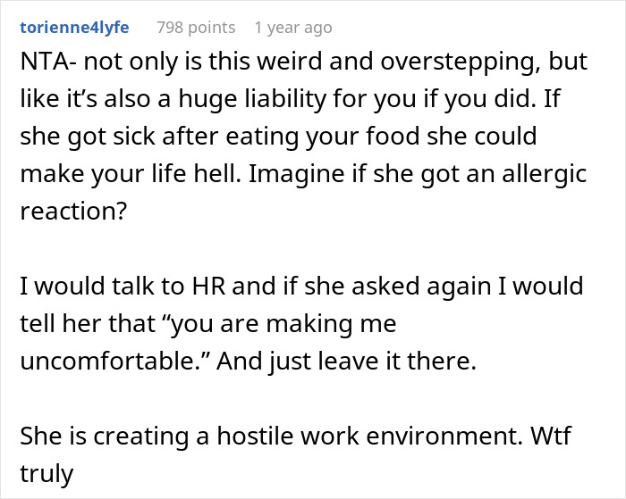 Comment discussing coworker, food sharing, liability, and workplace hostility.