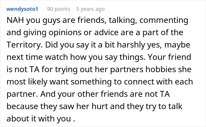 Comment discussing a woman's tendency to adopt her partners' hobbies, sparking a friend's advice to change.