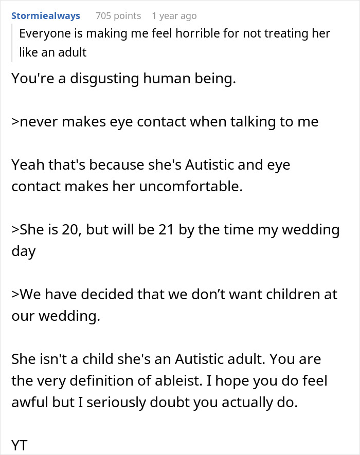 Online discussion about bride excluding autistic cousin from child-free wedding. Online discussion about bride excluding autistic cousin from child-free wedding.