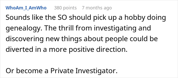 Reddit comment suggests genealogy or private investigation as hobbies.