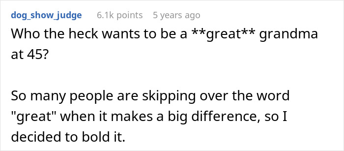 Reddit comment about being a great grandma at 45, with emphasis on the word "great.