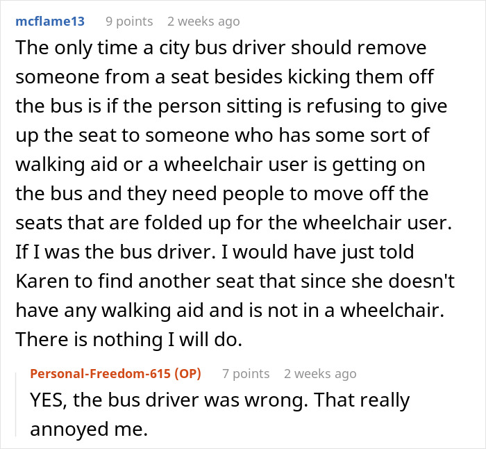 Comment discussing bus seating rules and Karen demanding a seat despite availability. Comment discussing bus seating rules and Karen demanding a seat despite availability.