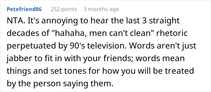 Comment discusses stereotypes about men being unhelpful at cleaning influenced by 90s TV.