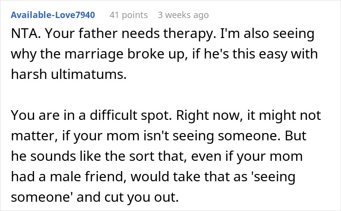 Comment discussing controlling man, therapy suggestions, and harsh ultimatums regarding mom's partners.