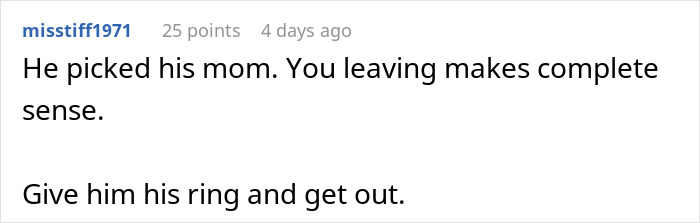 Reddit comment about MIL conflict and leaving, emphasizing relationship choices and decision to leave. Reddit comment about MIL conflict and leaving, emphasizing relationship choices and decision to leave.