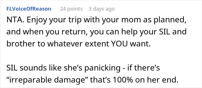 Comment advising to proceed with cruise plans, addressing concerns about SIL's reaction to mom's trip.