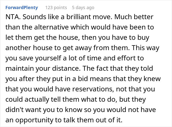 Reddit post discussing a partner outbidding in-laws to maintain distance.