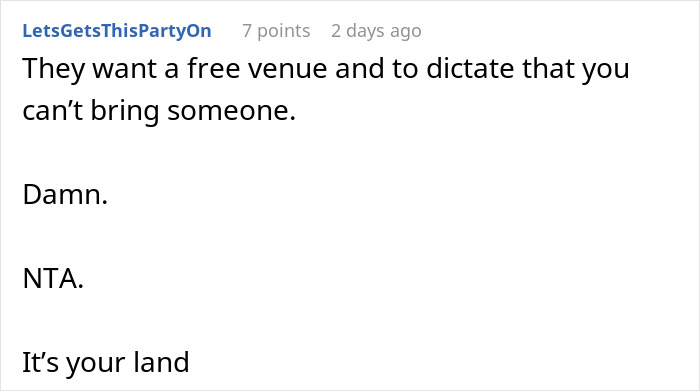 Comment discussing refusal of using backyard for wedding due to plus-one denial. Comment discussing refusal of using backyard for wedding due to plus-one denial.