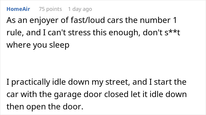 Text about using loud cars responsibly at home.