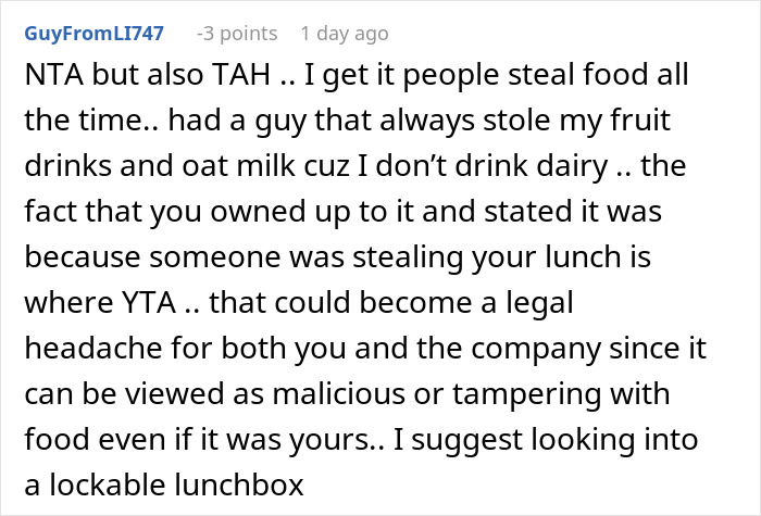 Reddit comment discussing a food theft incident and suggesting a lockable lunchbox to avoid legal issues.