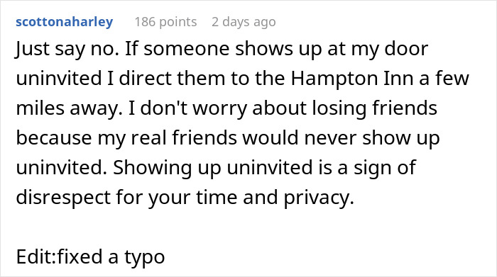 A Reddit comment discussing uninvited houseguests treating a home like a hotel.