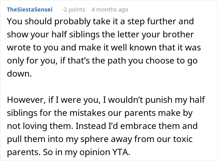 Reddit comment discussing a teen's decision about sharing a brother's final words with half-siblings. Reddit comment discussing a teen's decision about sharing a brother's final words with half-siblings.