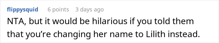 Comment suggesting changing a baby's name to Lilith, associated with deceit and bad luck.