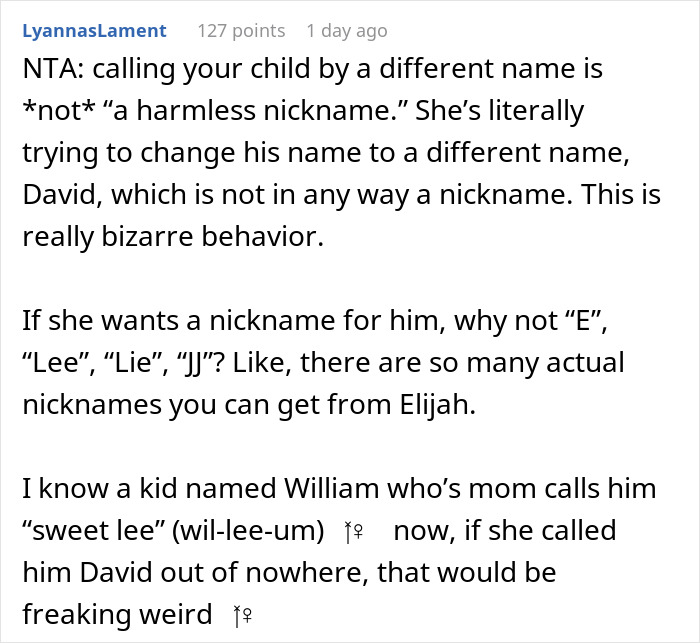 Reddit comment discussing MIL renaming grandson with a completely random name and the DIL's reaction.