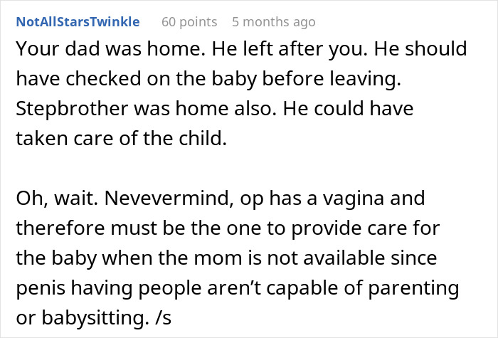 Text message criticizing biased gender expectations about a 16YO babysitting over stepbrother and stepdad.