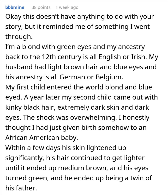 Text describing a surprising story about children's varying appearances in a family lineage context.