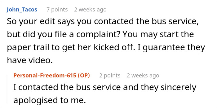 Reddit conversation discussing bus service complaint about seating incident. Reddit conversation discussing bus service complaint about seating incident.