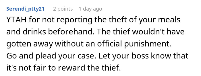 Text comment discussing meal theft situation and how to handle a food thief at work.
