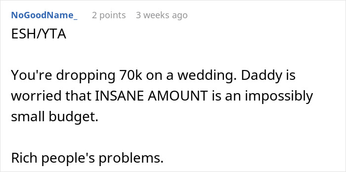 A comment discussing a six-figure wedding budget, describing it as an "insane amount" for a wedding. A comment discussing a six-figure wedding budget, describing it as an "insane amount" for a wedding.