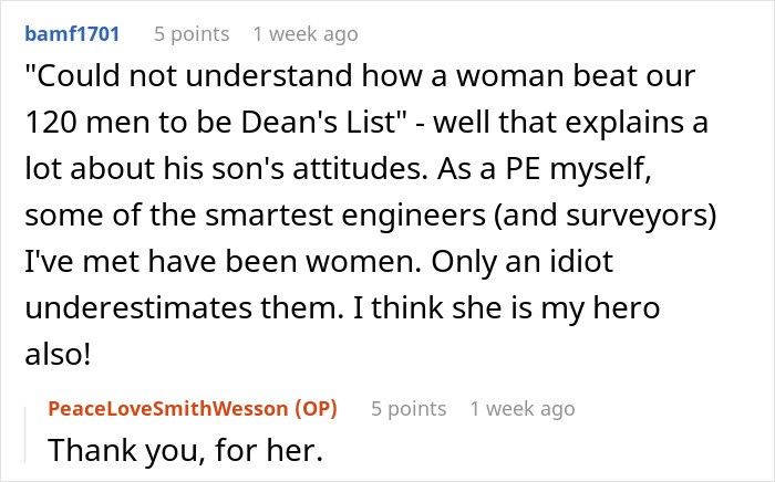 Reddit comment discussing gender and engineering, highlighting female success and challenging stereotypes.