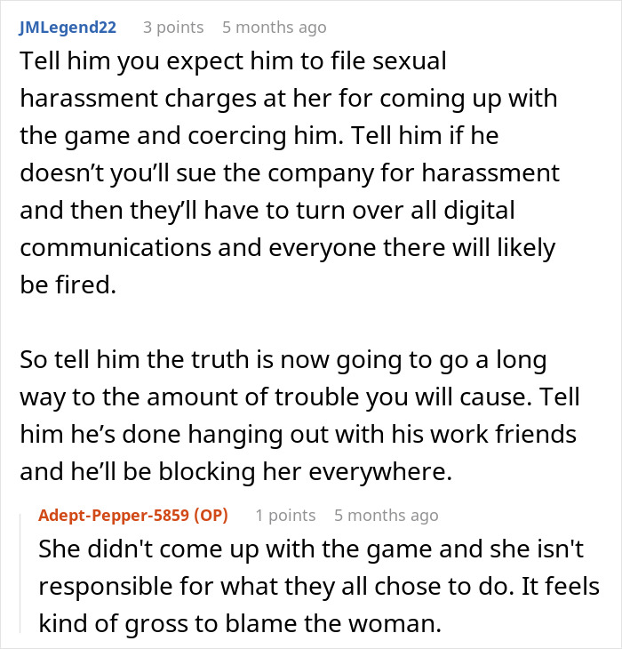 Reddit discussion about a husband's coworkers' game, addressing harassment and blame issues.