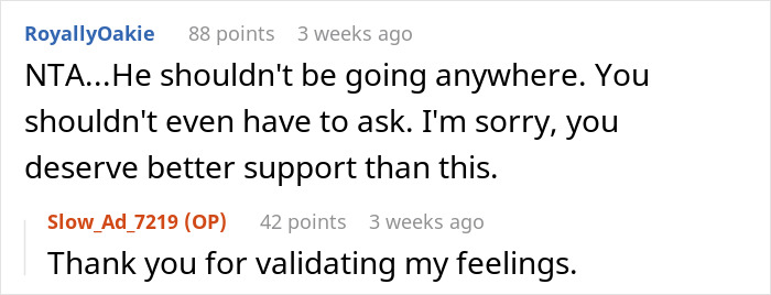 Online discussion about a husband on an overseas trip while wife is pregnant, highlighting issues of support.