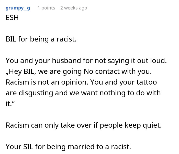 Text screenshot discussing racism and tattoos, emphasizing the importance of speaking up. Text screenshot discussing racism and tattoos, emphasizing the importance of speaking up.