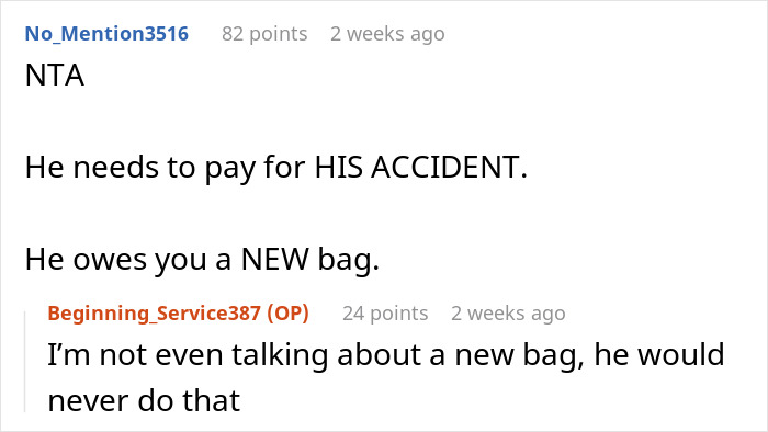 Reddit conversation about asking a friend to pay for a leather bag due to an accident.