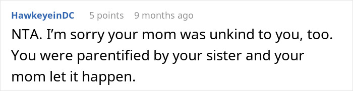 Comment discussing teen's choice to prioritize future over babysitting, mentioning family dynamics and parental roles.